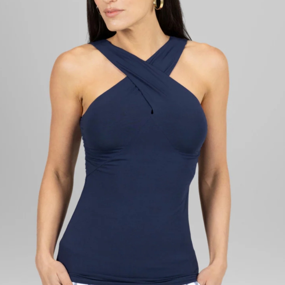 CHAPS CRISS CROSS FRONT HALTER TOP, MARINE NAVY L